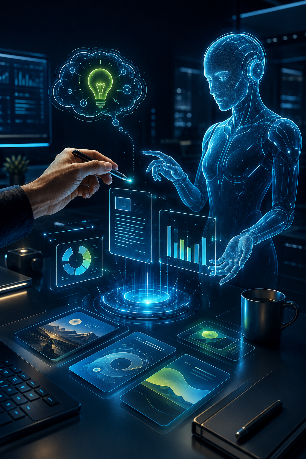 Ilustração de criação com assistente holográfico