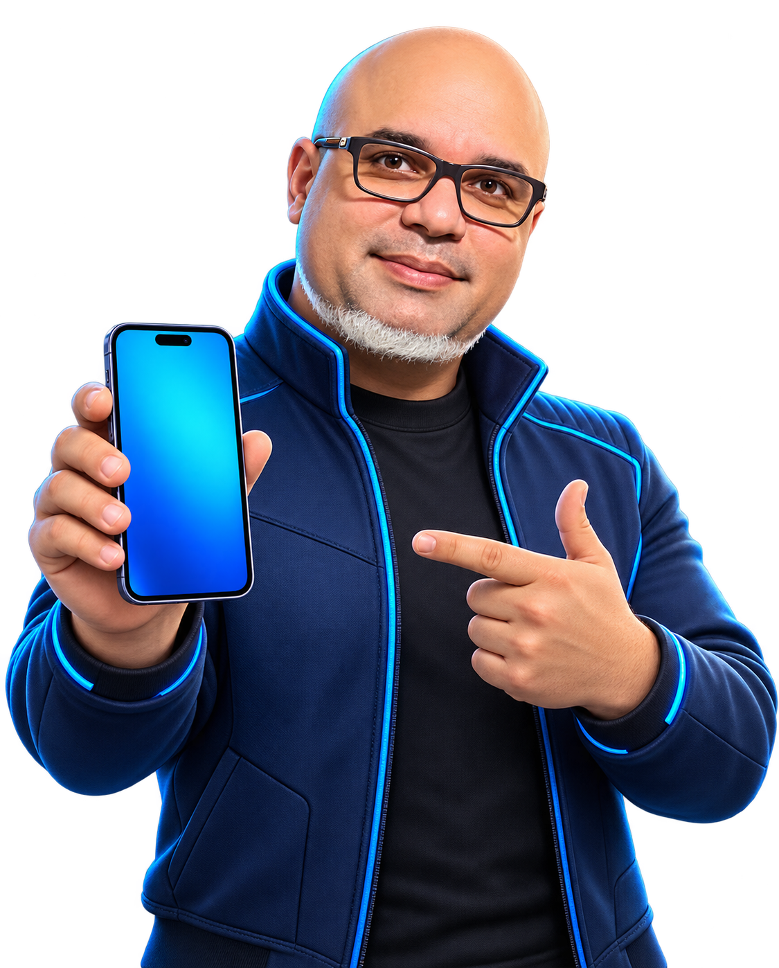 Avatar de Marco Borges, careca, de óculos e sorridente, apresentando um celular