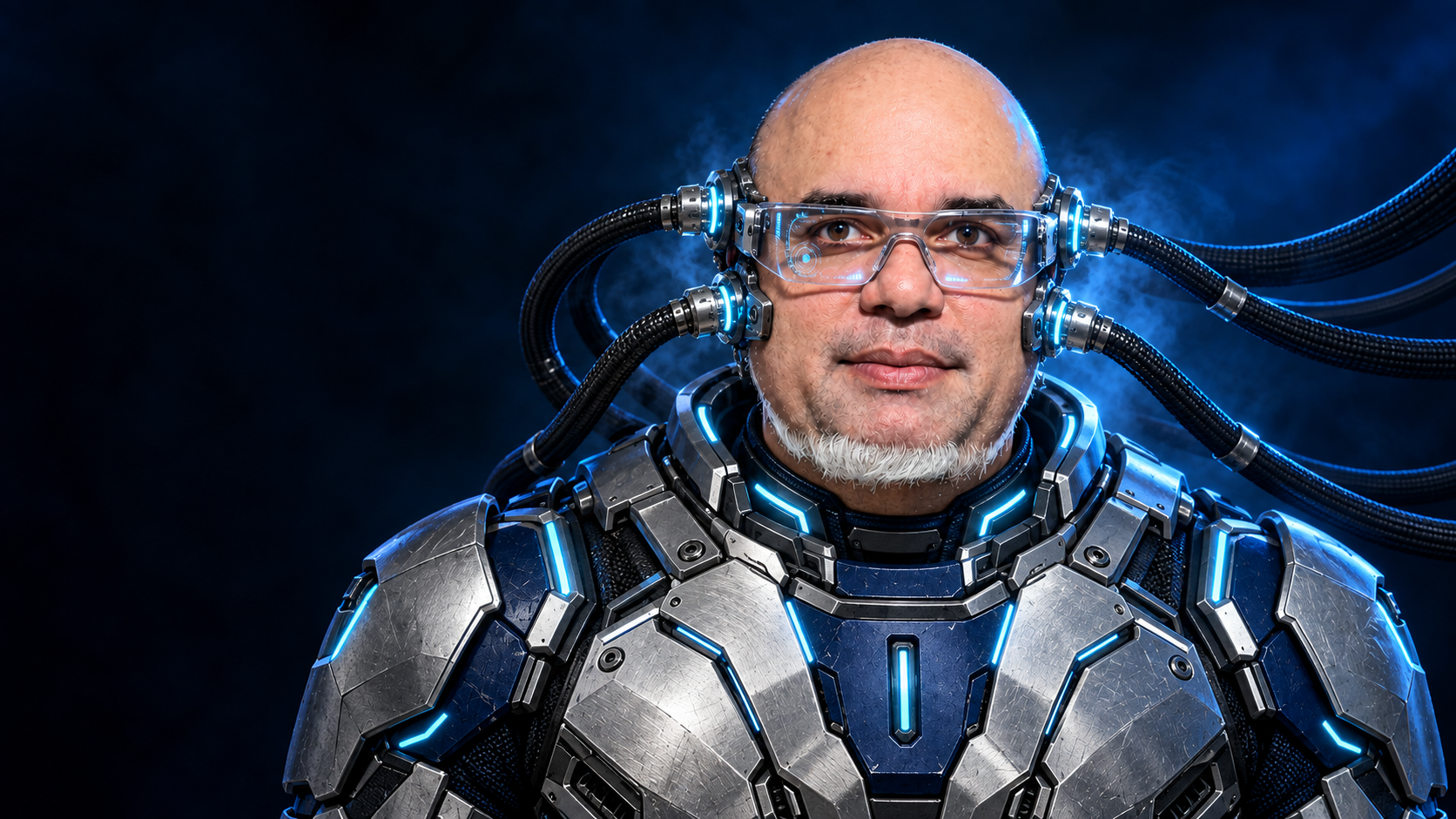 Marco Borges em uma interpretação artística com armadura tecnológica e conexões ao rosto